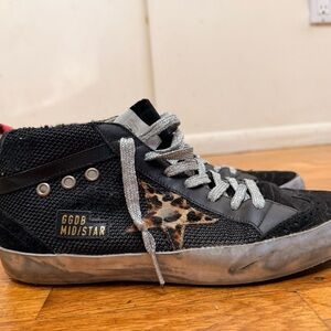 Golden Goose Mid Star Black and Leopard Print Sneakers